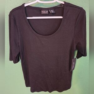 Rachel Zoe Black Ribbed Short Sleeve Top XL New With Tags